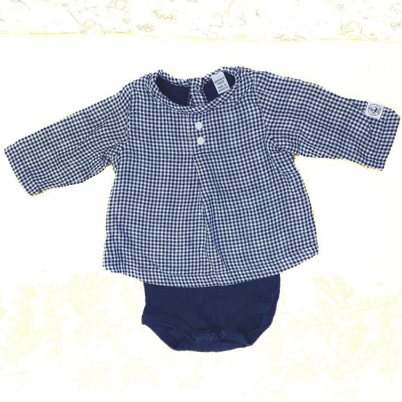 Petit Bateao || Vintage Long Sleeve Cotton Snap French Nautical Baby Onesie 3 mo - Picture 1 of 13